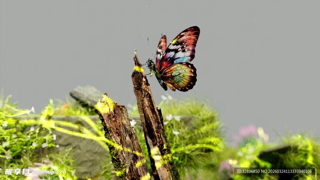 彩蝶停驻绿植间