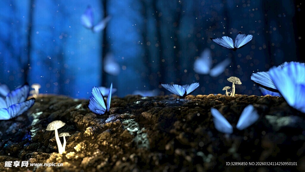 梦幻蓝调森林中的精灵蘑菇