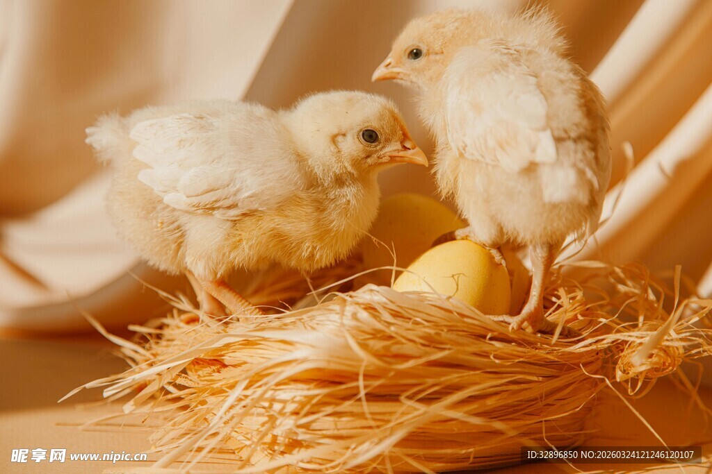 雏鸡在巢中依偎