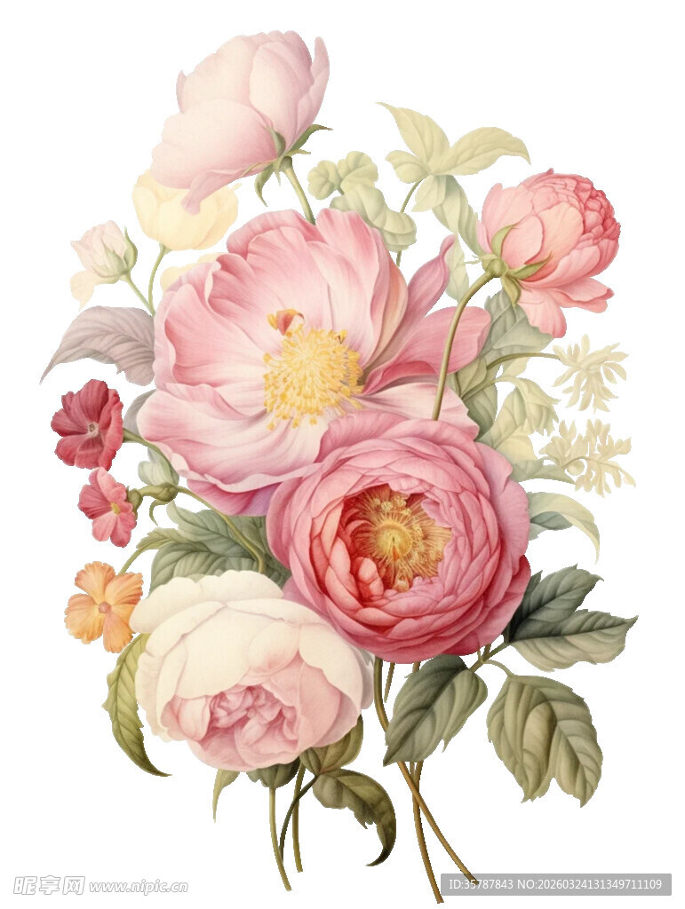 复古风手绘粉色花卉组合