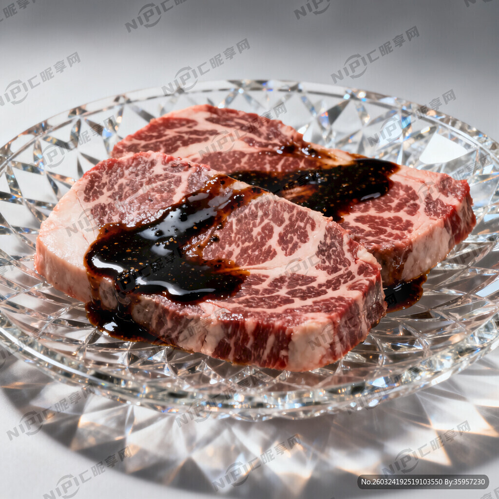 水晶圆盘上面A3和牛肉黑椒酱汁