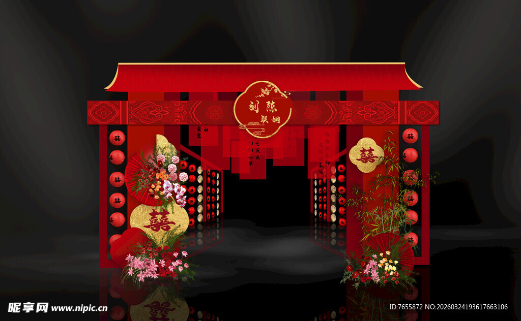 中式喜庆红色门楼装饰