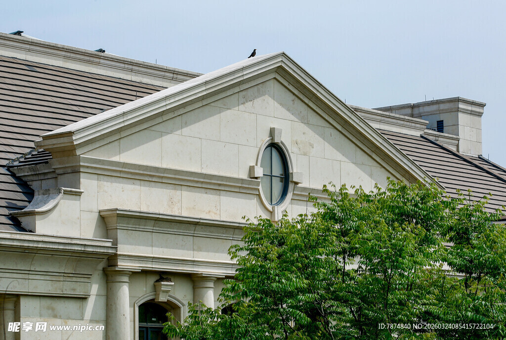 欧式白色建筑旁绿树点缀