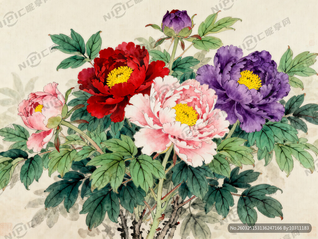 工笔画牡丹 一丛一丛花朵 写实