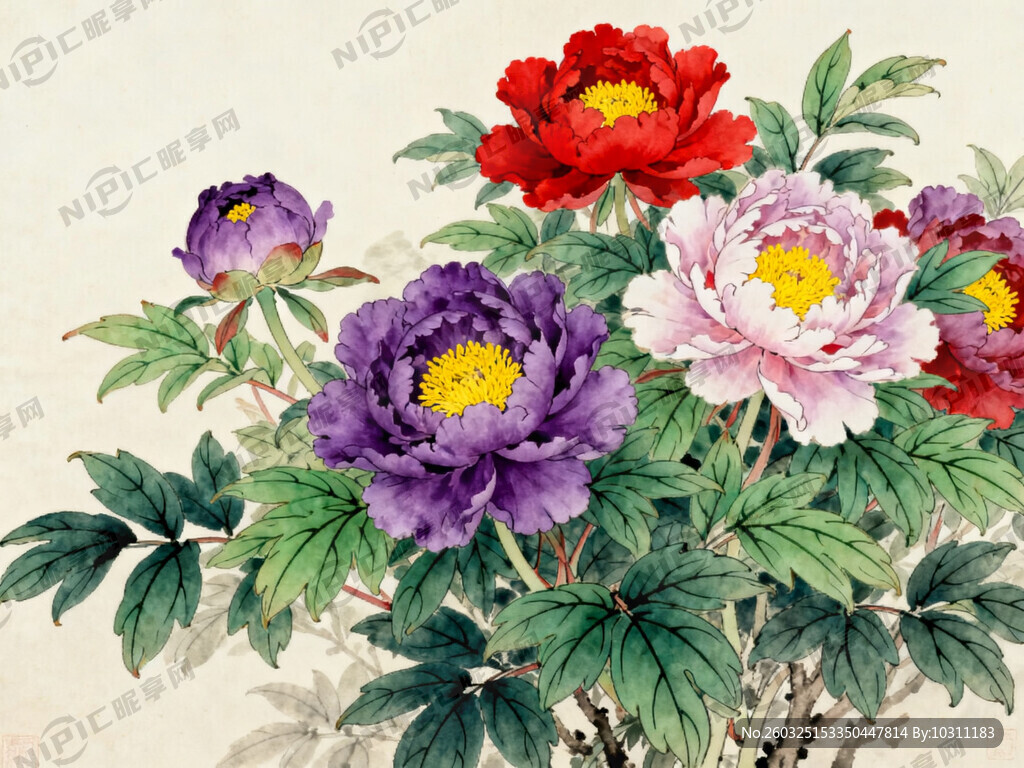 工笔画牡丹 一丛一丛花朵 写实