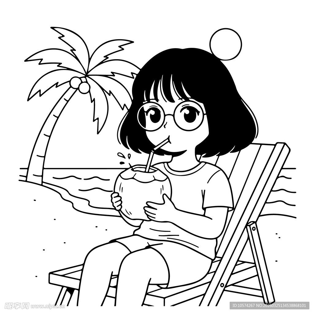 女孩沙滩惬意享用椰子