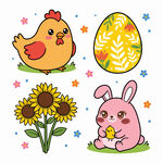 复活节可爱动物与花卉图案