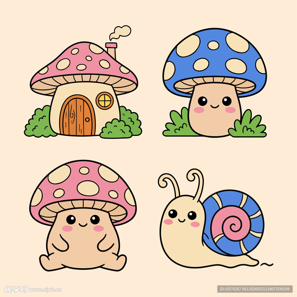 可爱蘑菇与蜗牛卡通插画