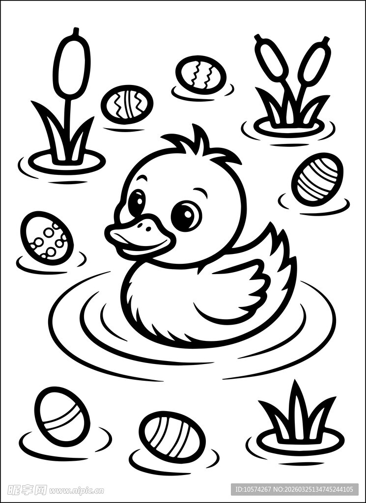 水中小鸭与蛋和植物