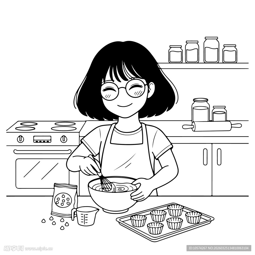 女孩厨房专注烘焙时刻