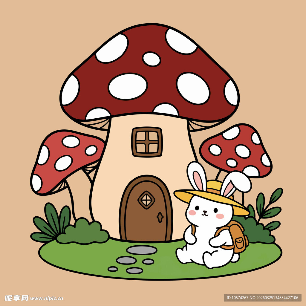 蘑菇屋前的可爱白兔