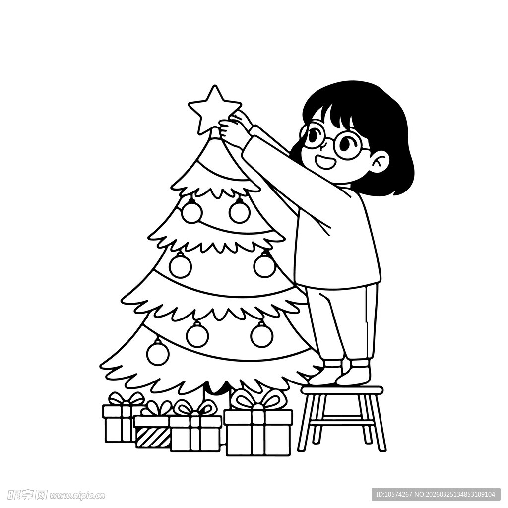 女孩装饰圣诞树的温馨场景