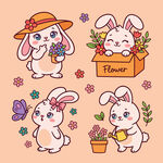 可爱兔子与花卉插画