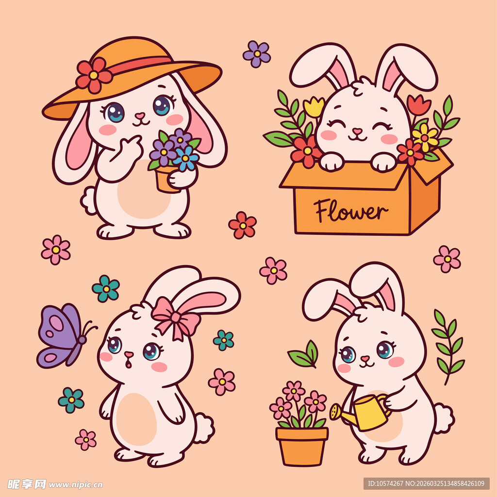 可爱兔子与花卉插画