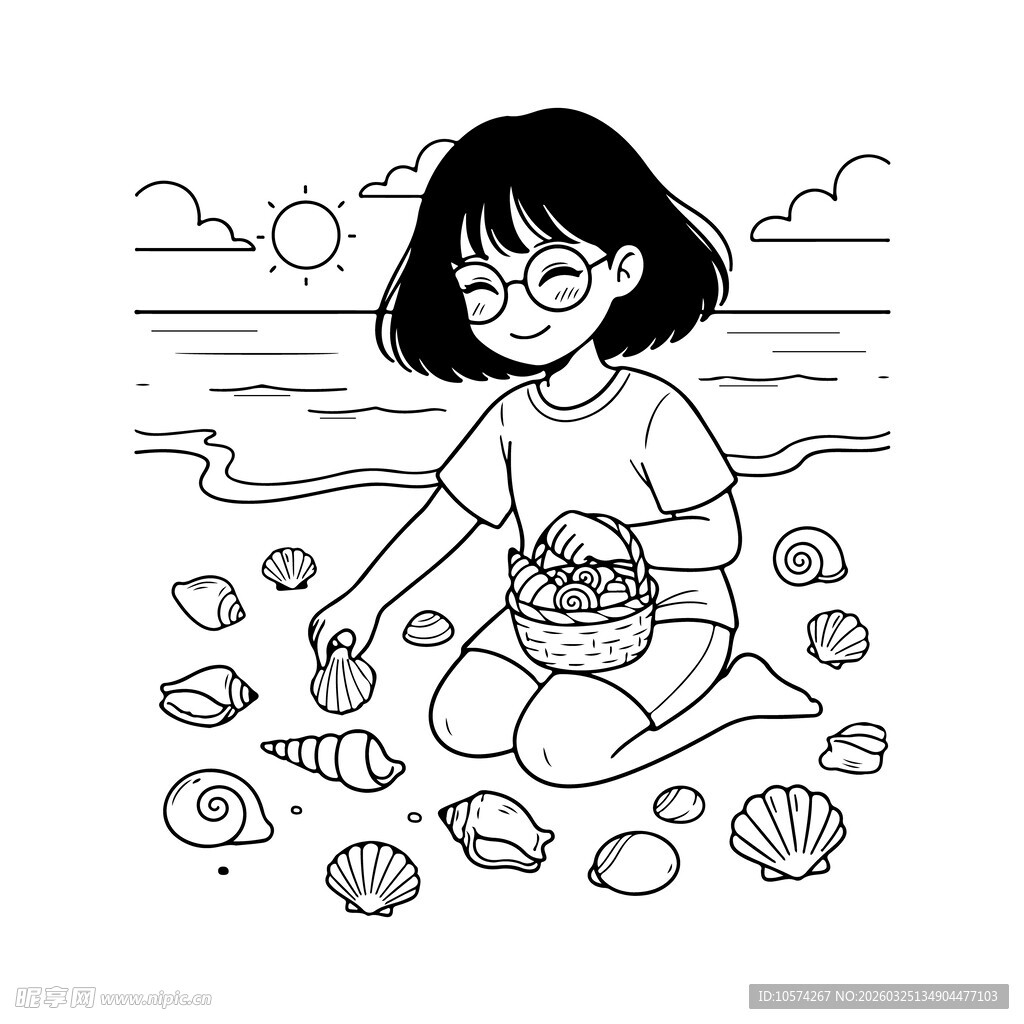 女孩海边拾贝的美好瞬间