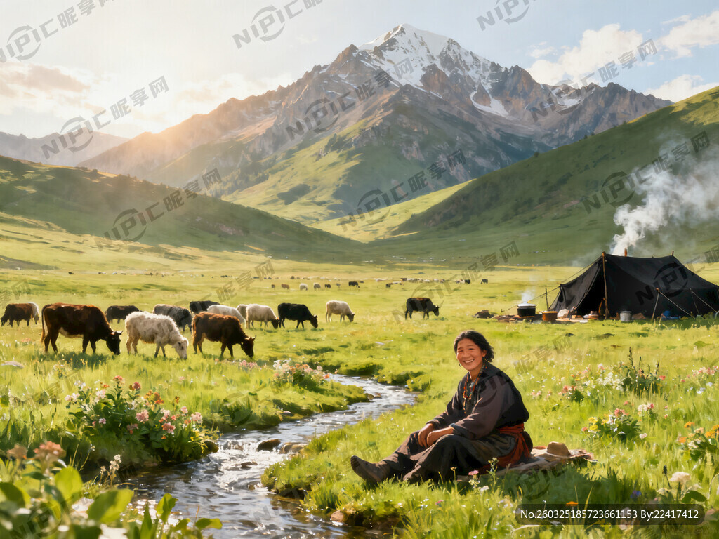 绘画一幅娜拉神山脚下 牛羊成群