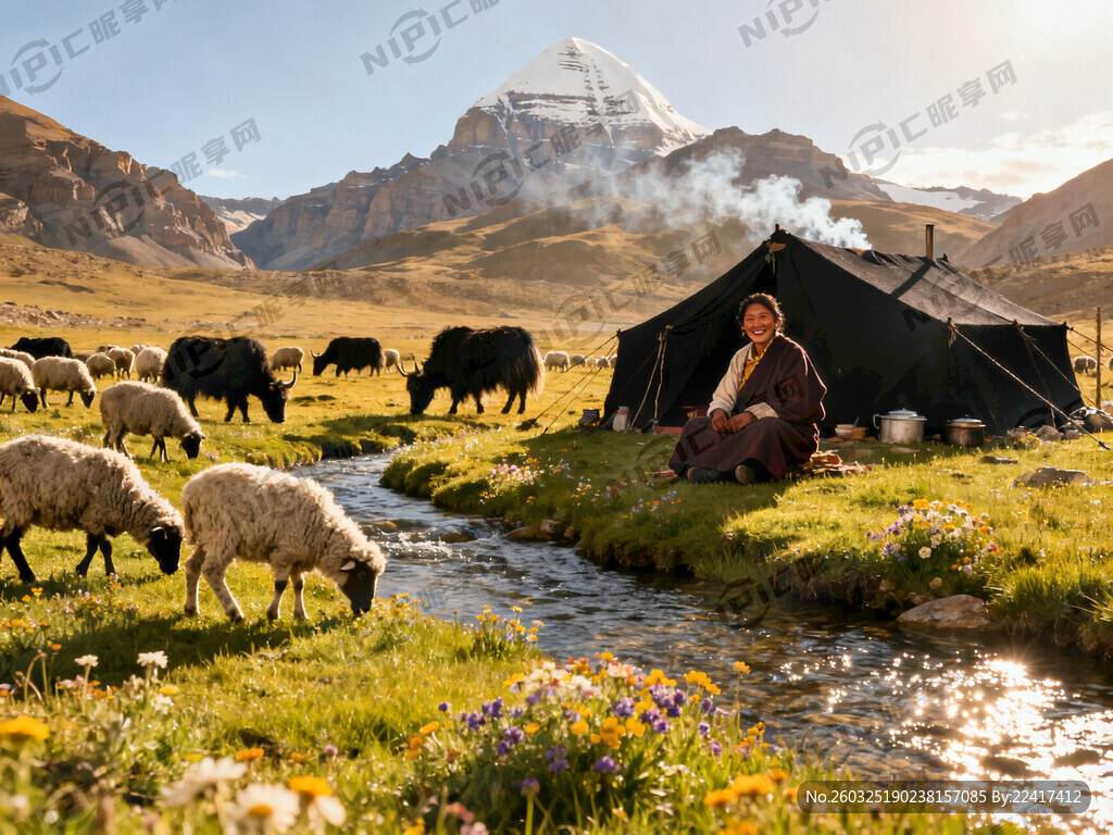 绘画一幅冈仁波齐神山脚下