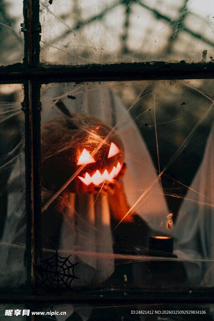 窗上点亮的南瓜灯剪影