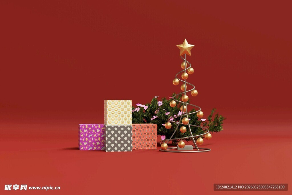 红色背景下的圣诞树与礼盒