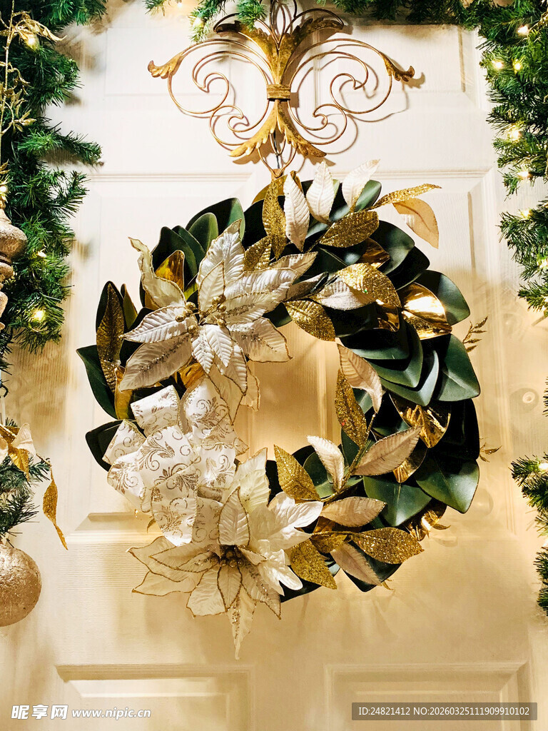 金色圣诞花环装饰门景