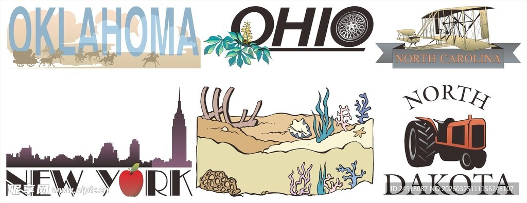 美国多州地标建筑字体展示