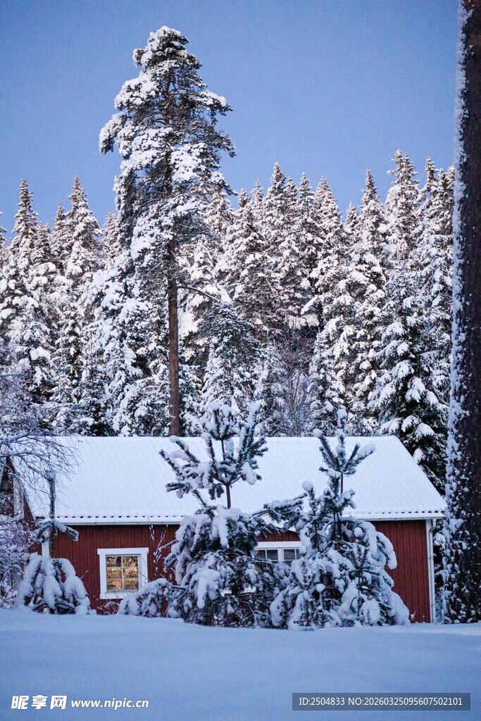 冬日雪中小屋雪景