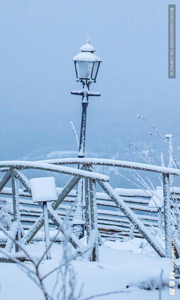 雪覆桥与路灯的冬日景致