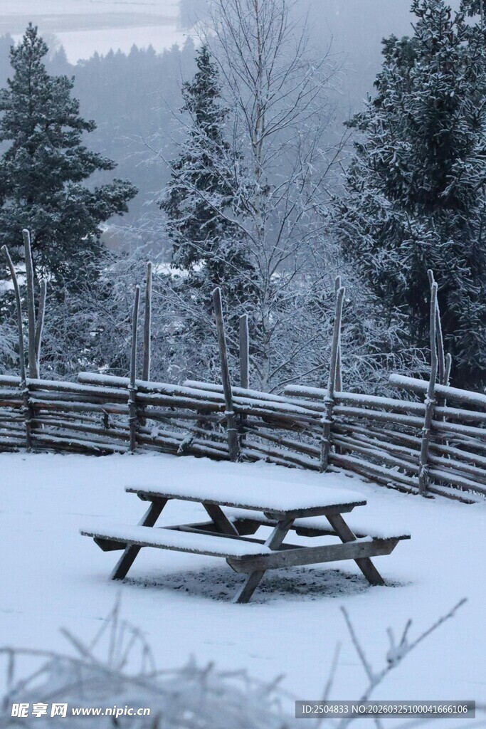 雪覆野餐区的静谧冬日景