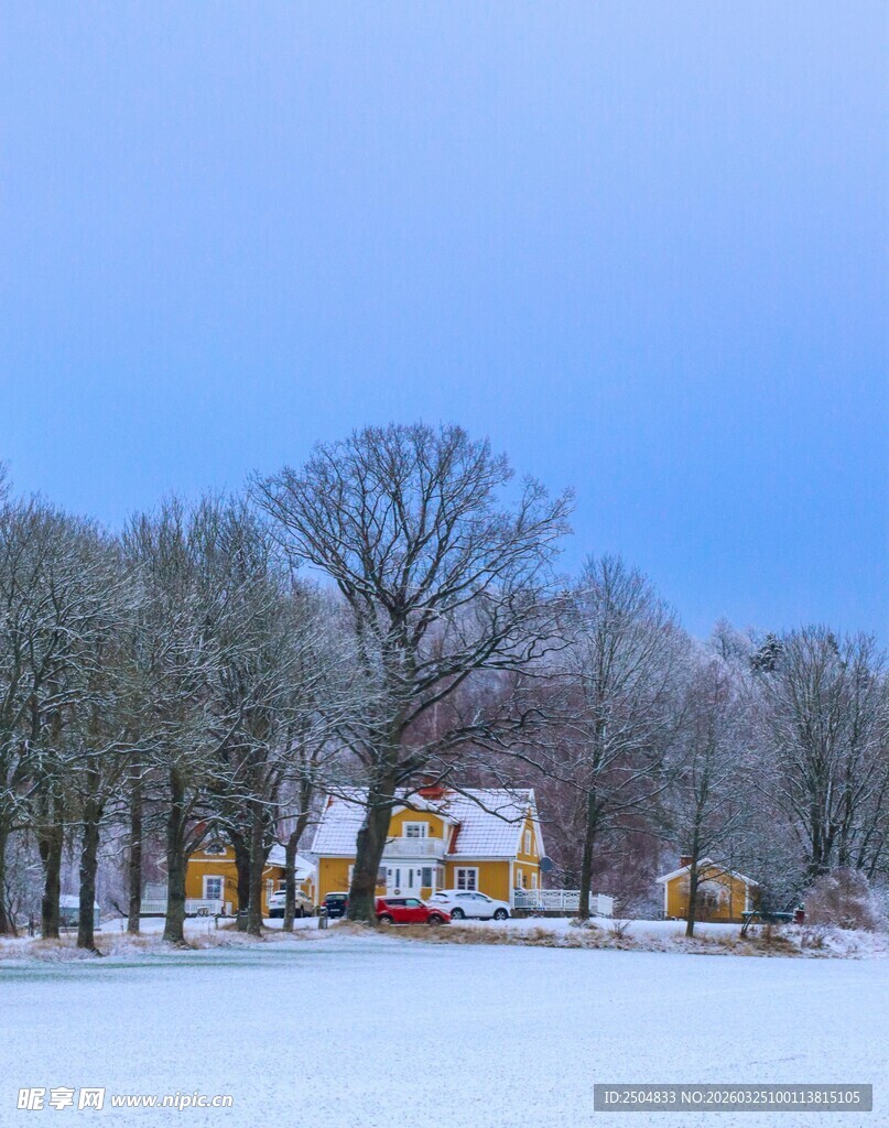 冬日雪林边的温馨小屋