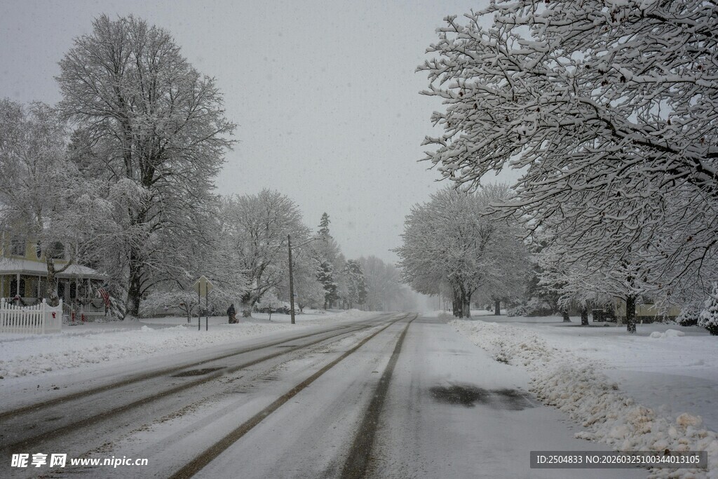 冬日雪覆铁轨的静谧景象
