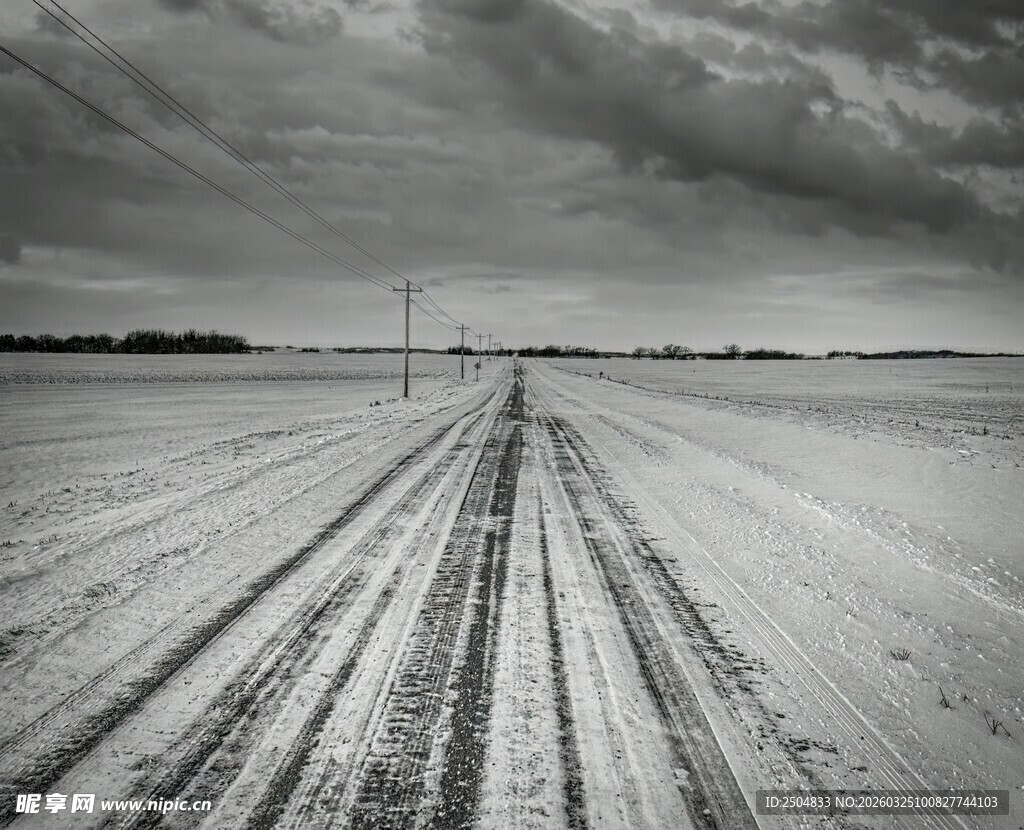 雪野中的孤寂车辙之路