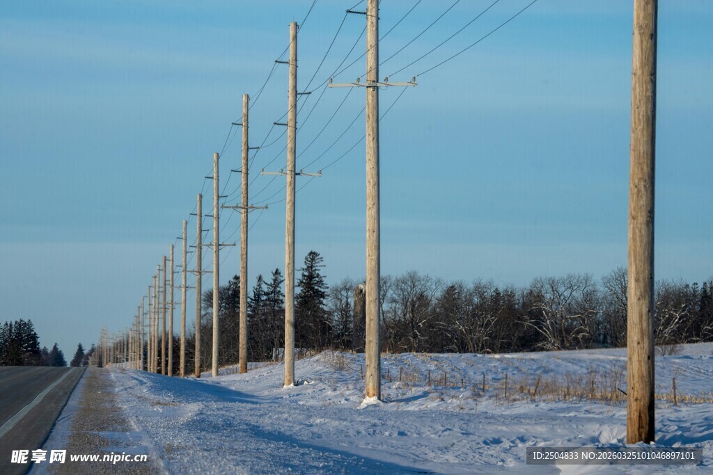 冬日公路旁的电线杆景观