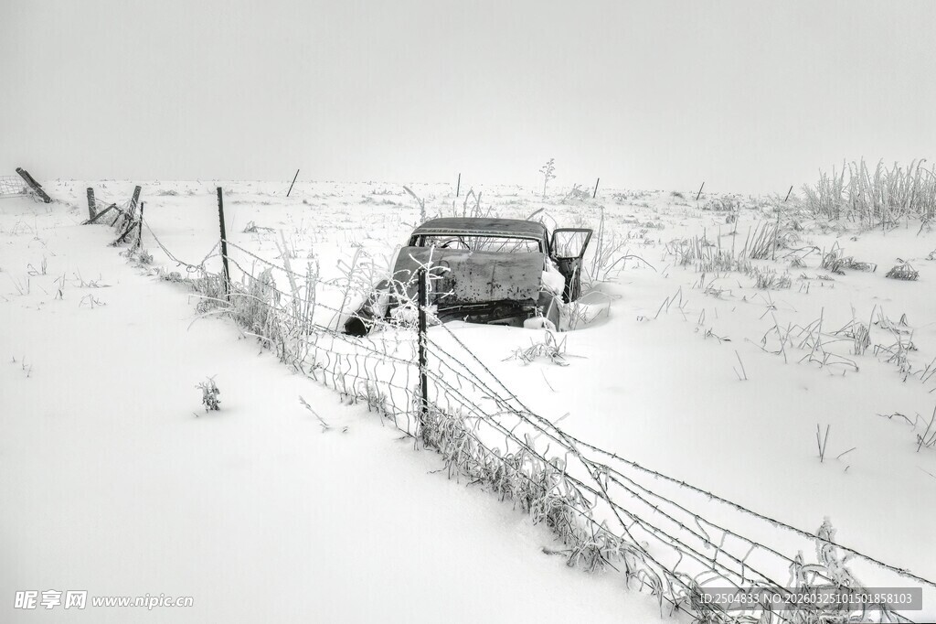 雪地中陷在围栏旁的汽车