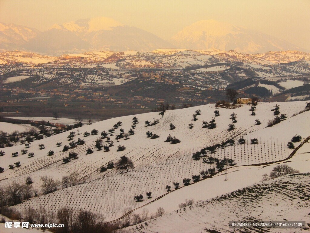 冬日雪覆山丘美景