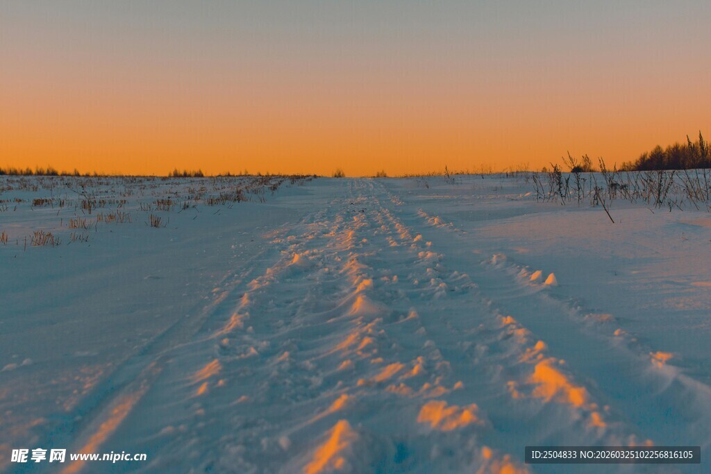 雪地黄昏中的车辙痕迹