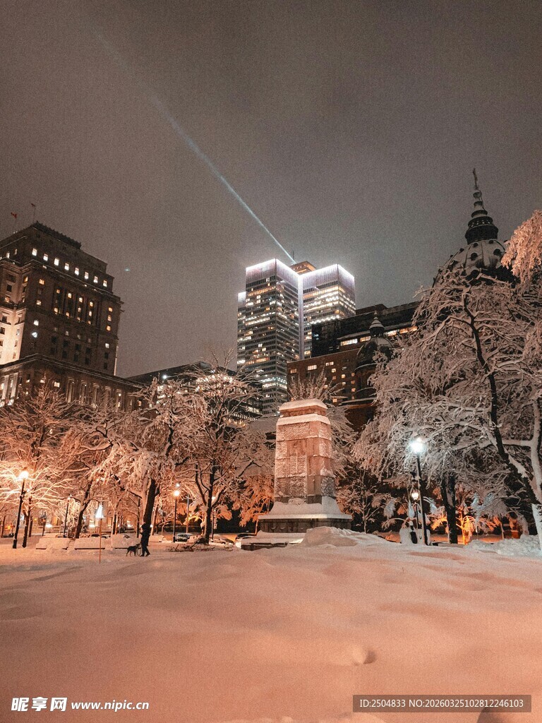 雪夜中的城市建筑景观