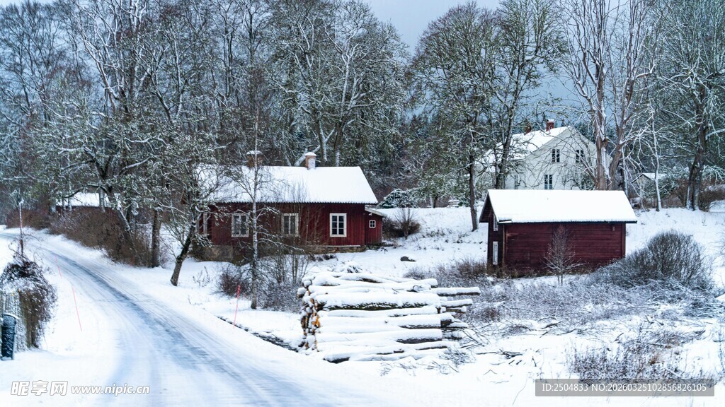 冬日雪景中的乡村小屋