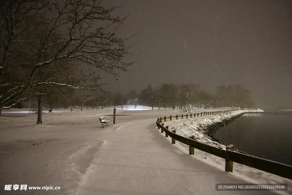 冬夜雪景中的静谧湖边小路
