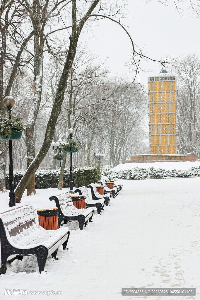 冬日雪景中的长椅与建筑