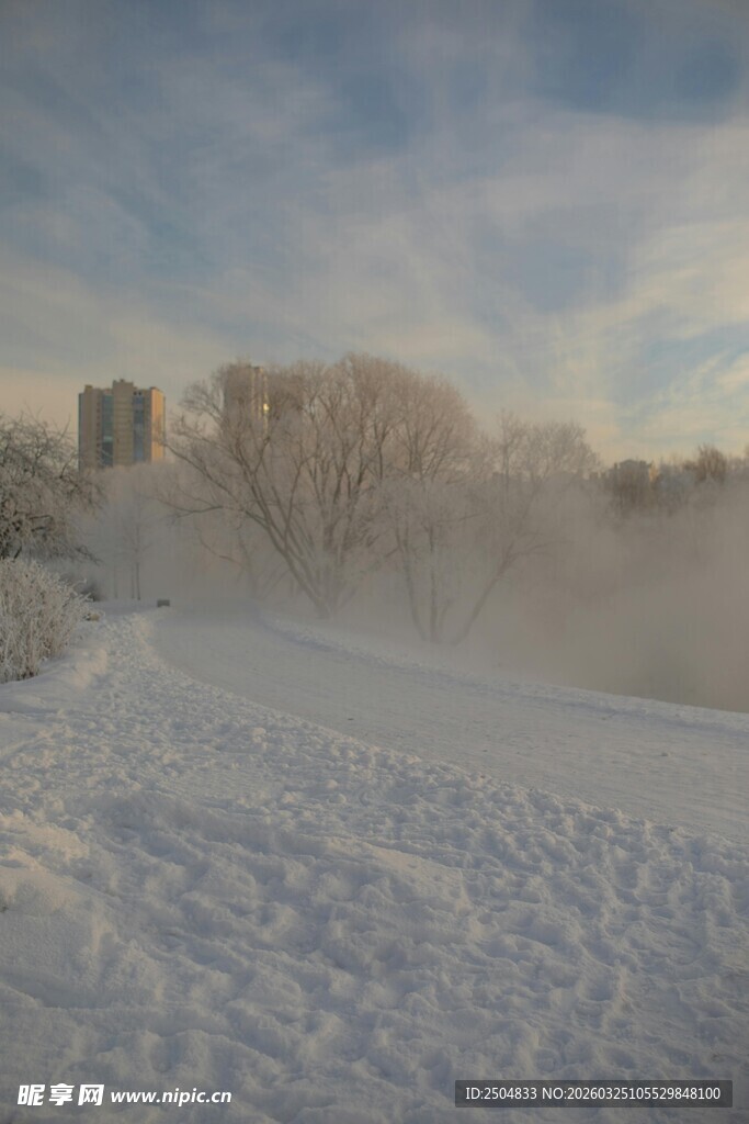 冬日雪景中的朦胧城市景观