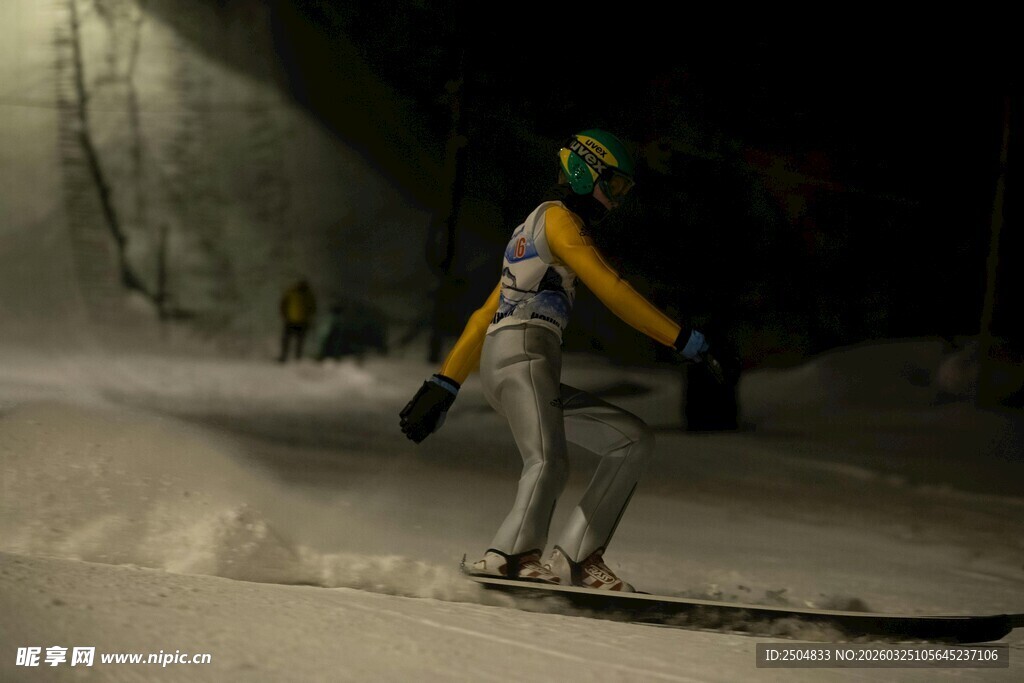 夜间滑雪者驰骋雪道