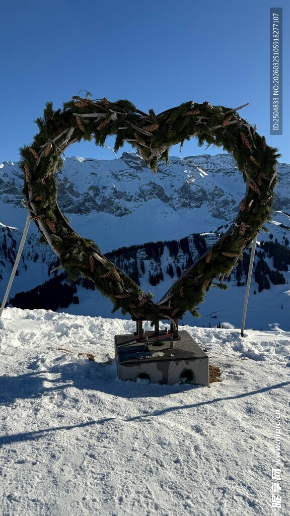 雪山上的心形绿植景观