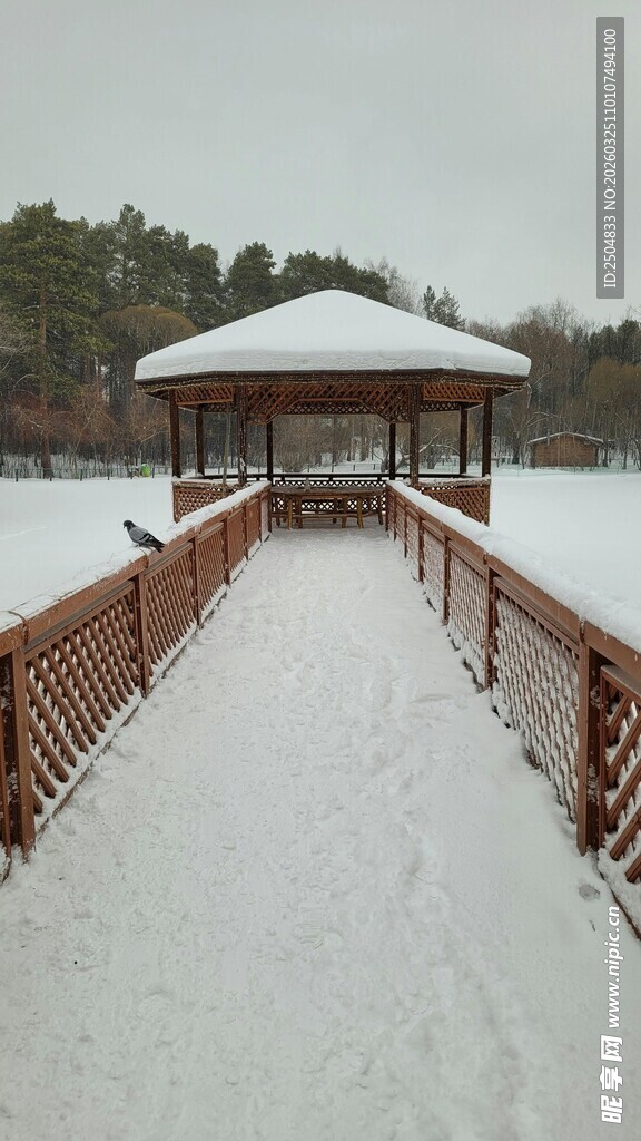 雪后湖畔木质凉亭美景