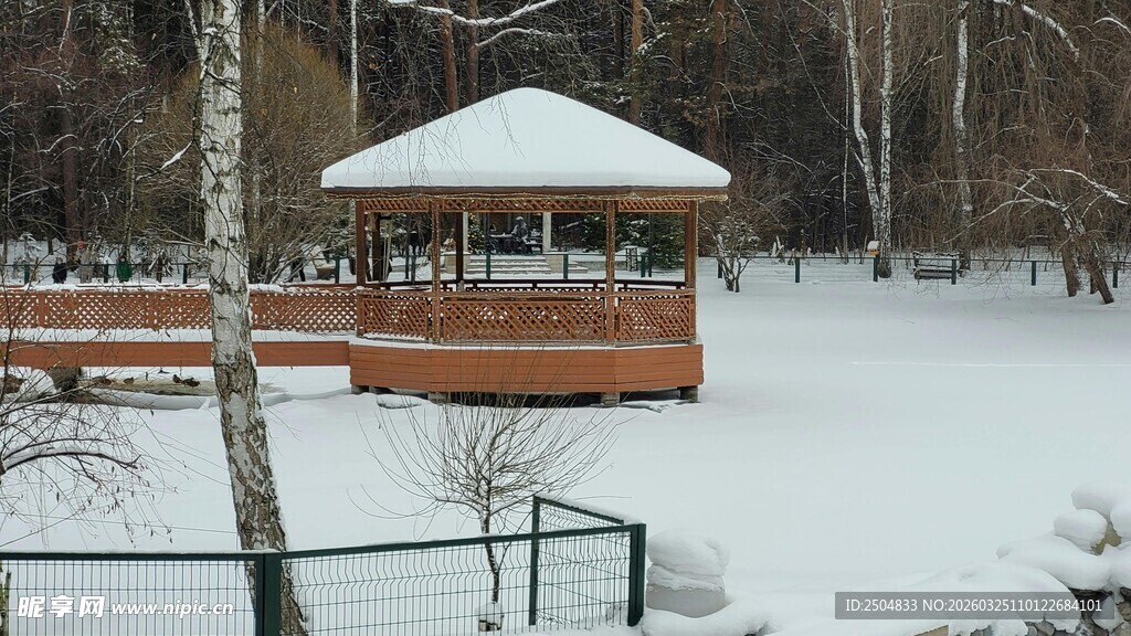 雪后公园中的木质凉亭