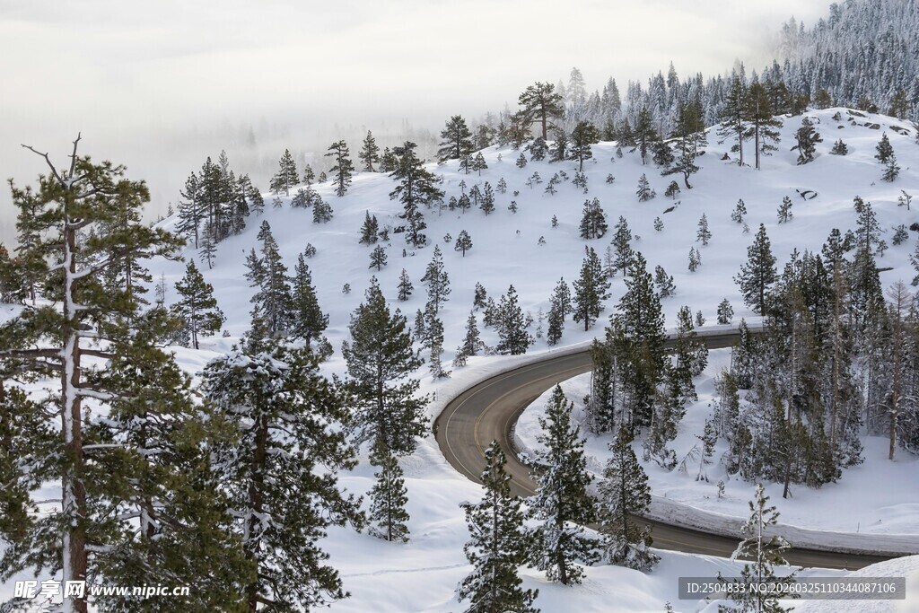 雪覆山林间的蜿蜒公路