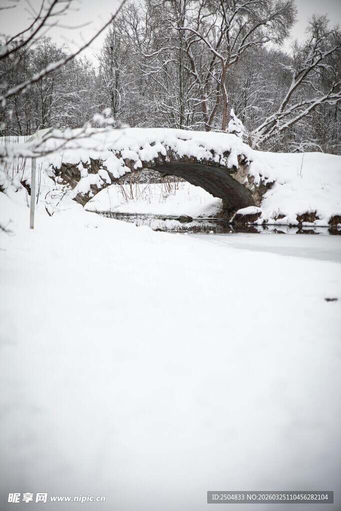 雪覆古桥的冬日静谧景象