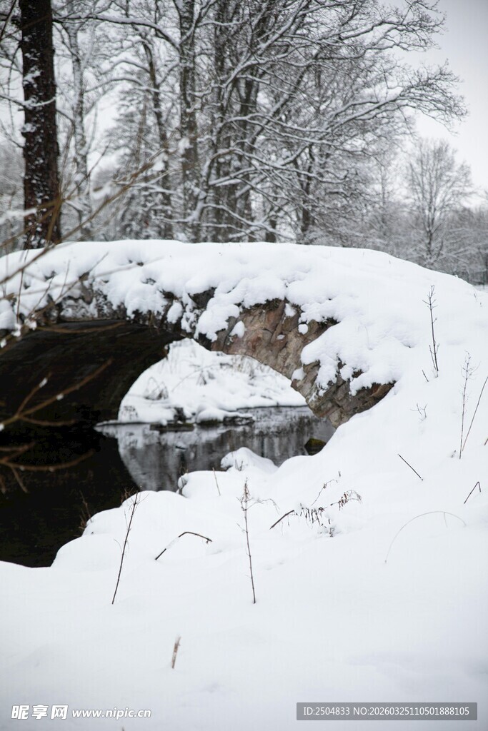 冬日雪覆石桥小溪景致