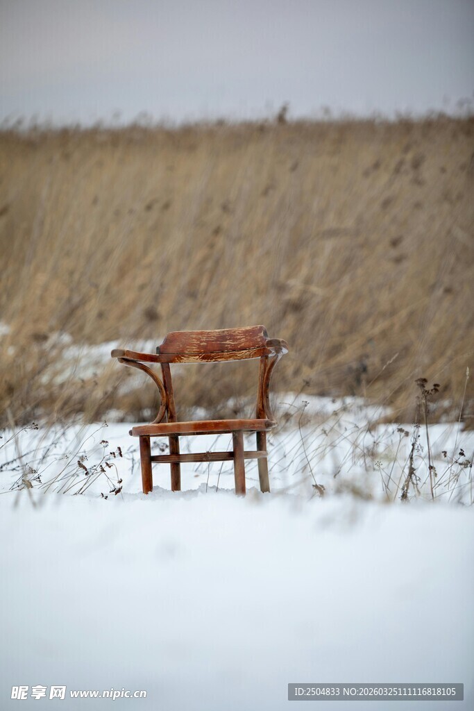 雪地中的古朴木椅