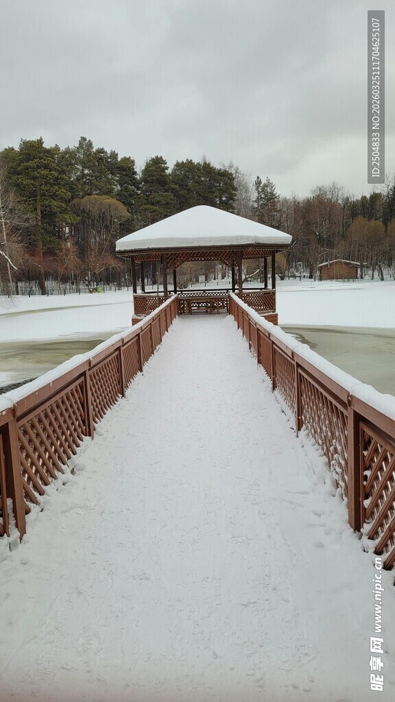 雪覆栈桥凉亭冬日美景