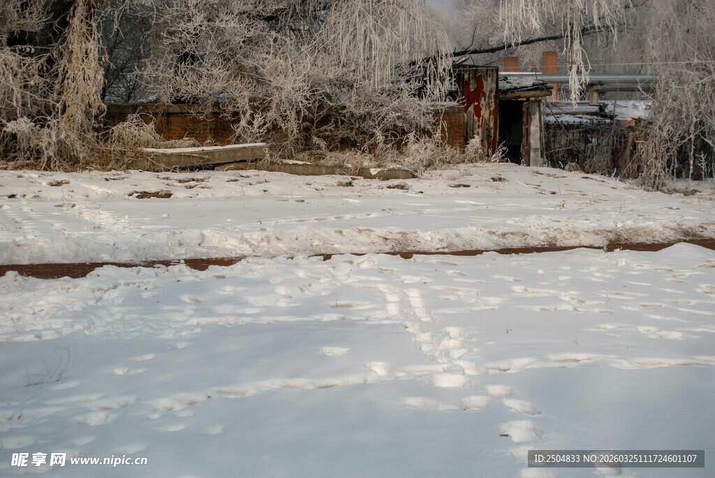 雪地中的老旧房屋痕迹